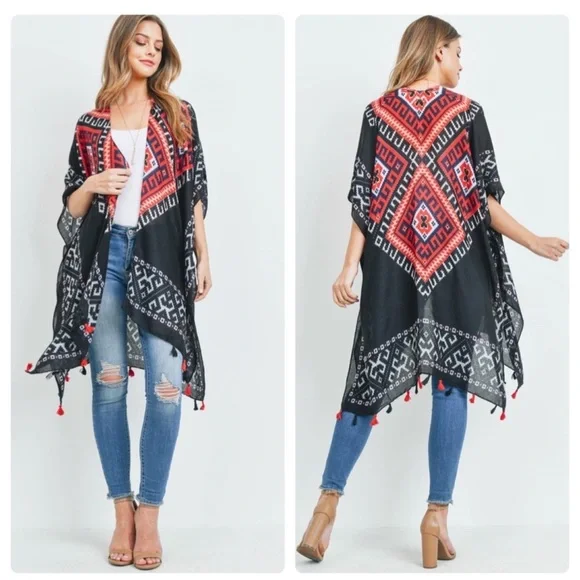 SALE! ๐ One Size Boho Summer Kimono Black & Red Pattern with Tassels โฎ๏ธ - Picture 1 of 6